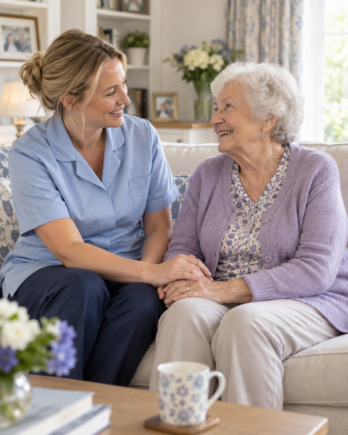 A white female care professional spending time with a senior woman at home